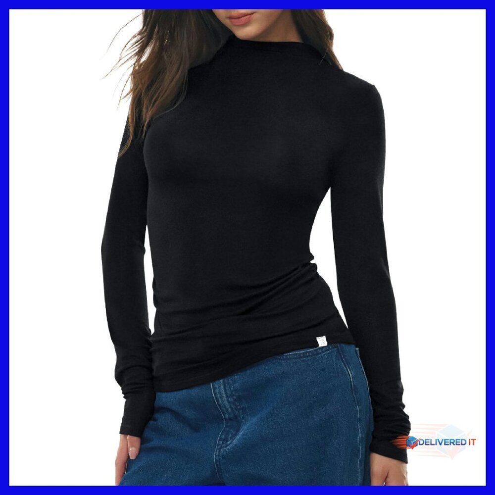 Merino Wool Mock Neck Long Sleeve Top Slim Fit Cozy Essential